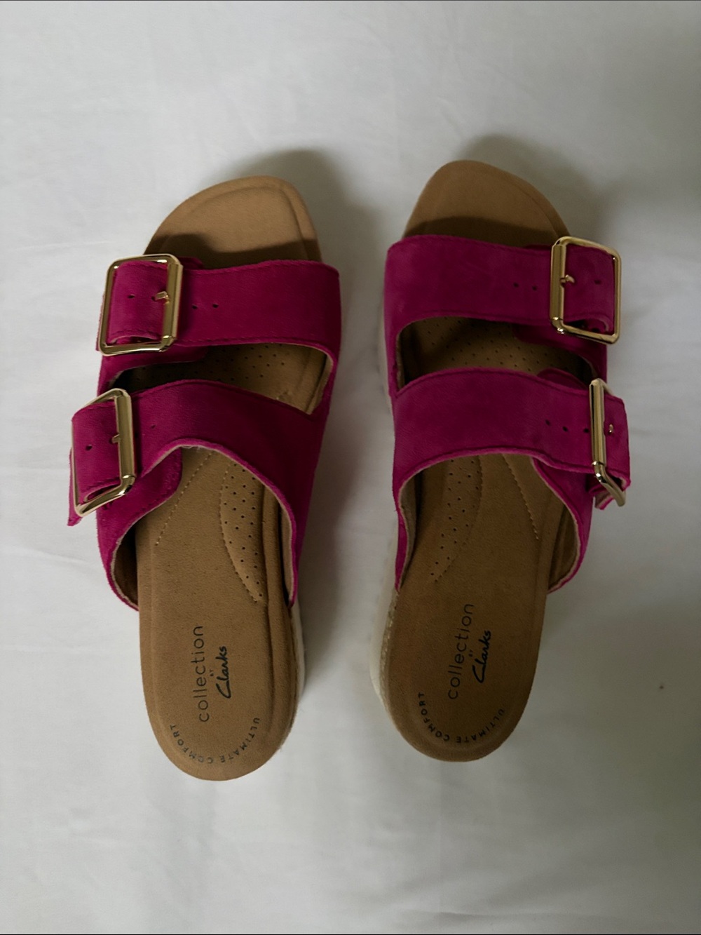 Clarks Women's Fuchsia Double-Buckle Suede Slide Sandals